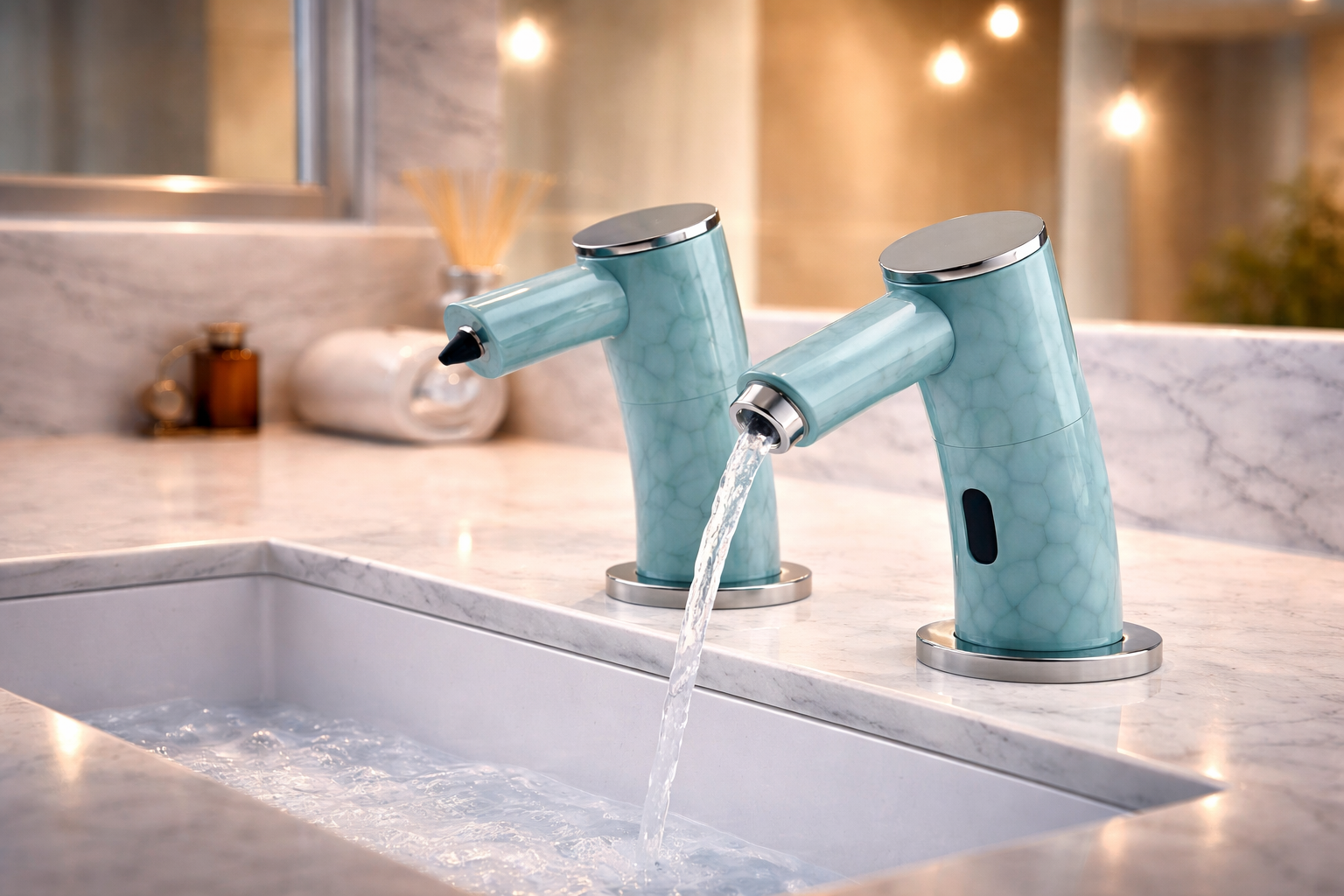 Premium hospitality restroom interior with upscale commercial bathroom finishes