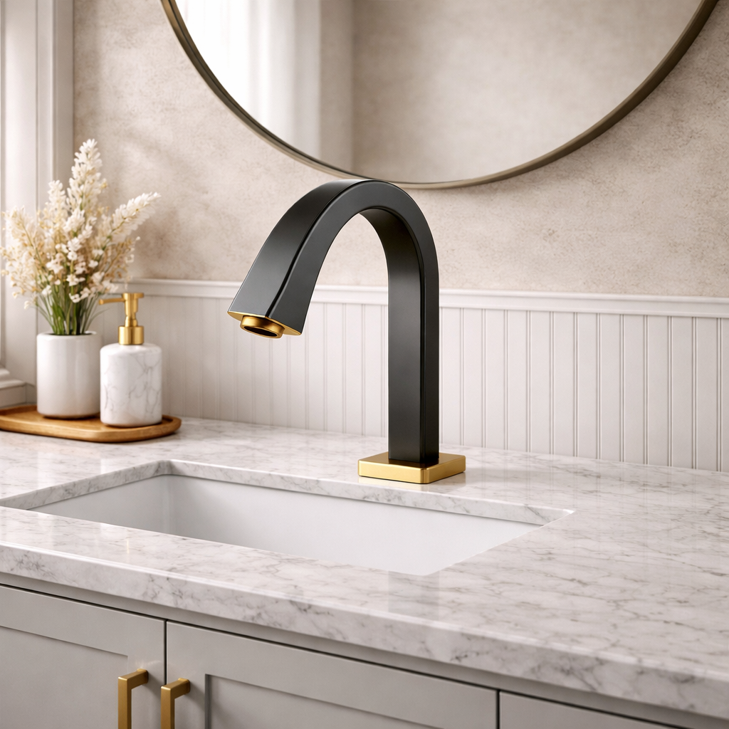 Architectural restroom interior showing commercial faucet and sink layout