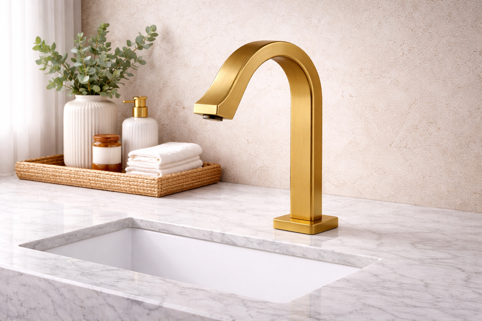 Luxury commercial restroom interior with modern sink and premium faucet fixtures