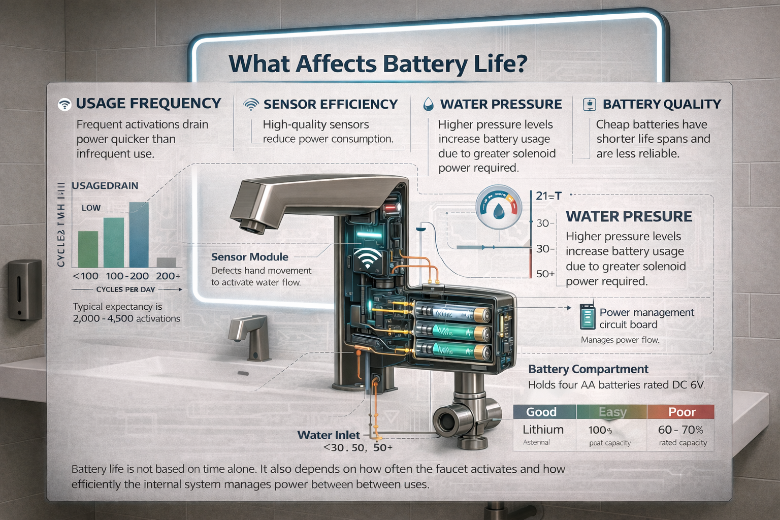 Close-up of hands under an automatic sensor faucet in a commercial restroom
