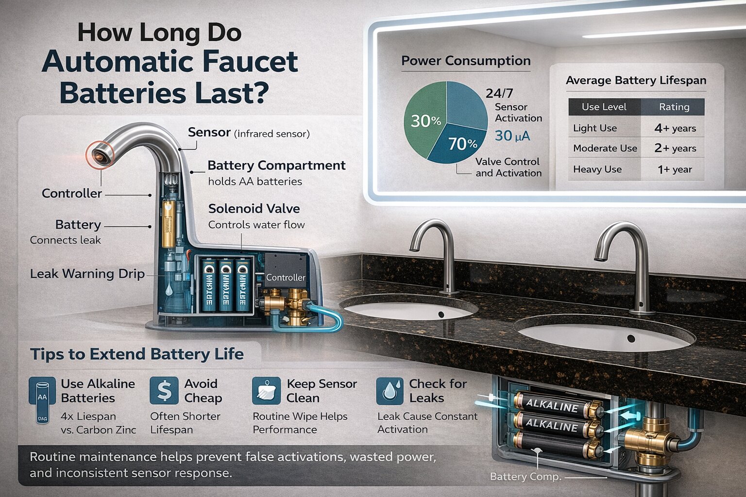 Modern touchless bathroom faucet installed beside a clean sink