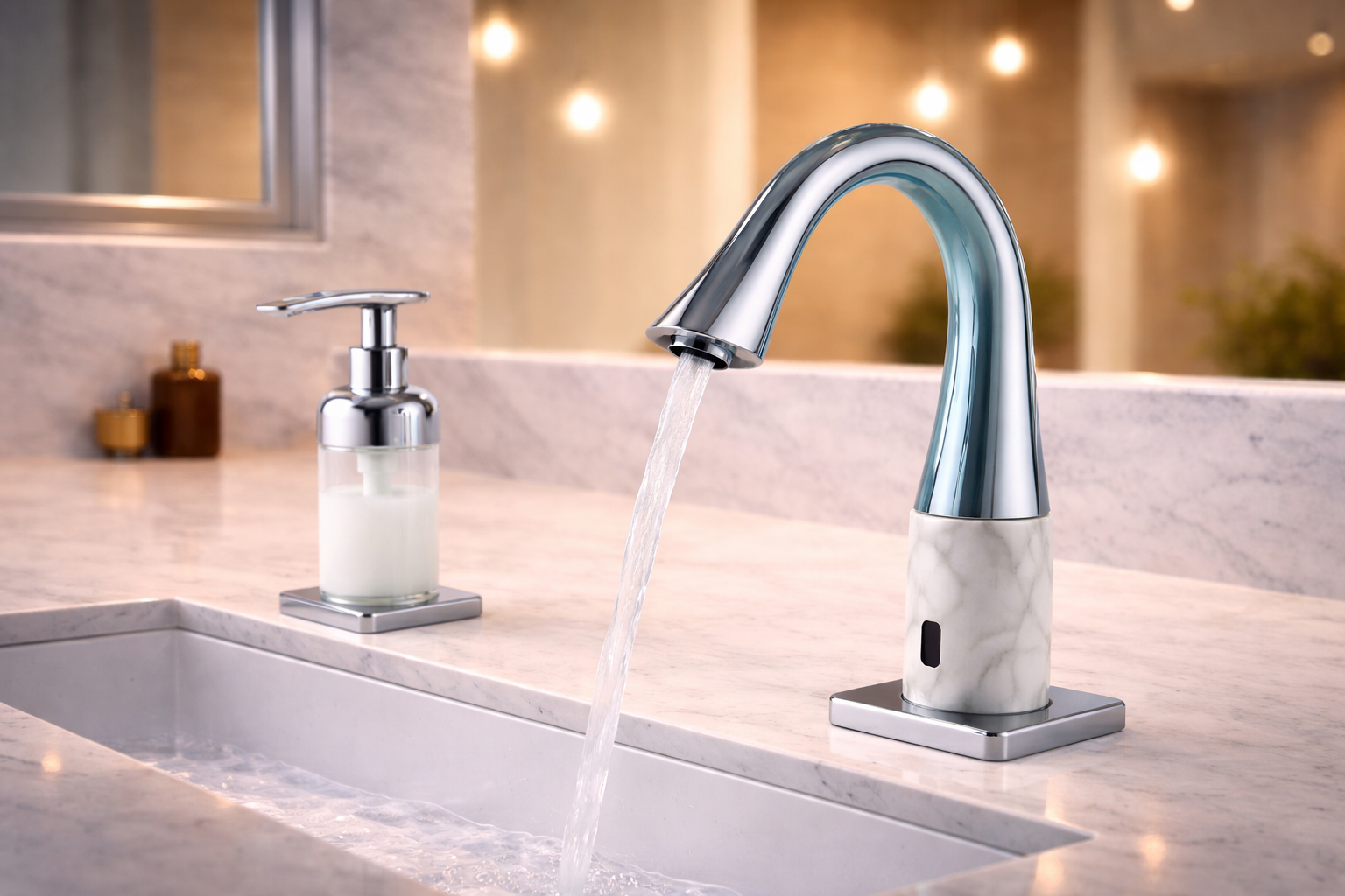 Close-up of durable commercial restroom fixture with high-quality metal finish