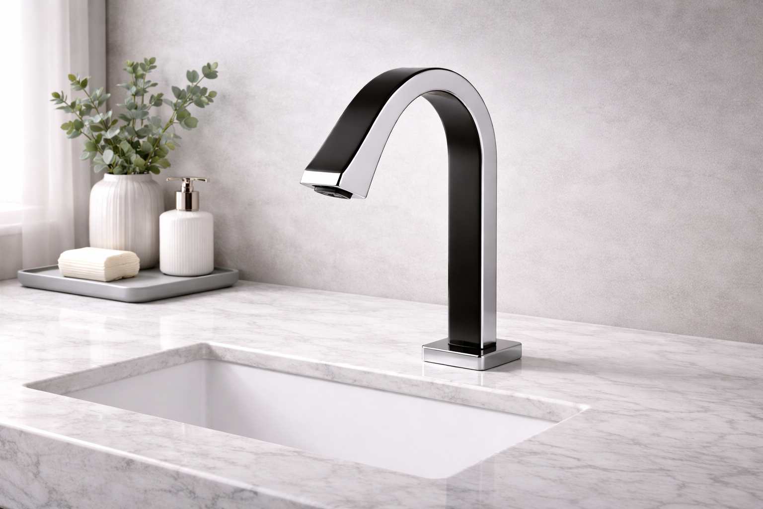 Touchless commercial faucet and sink designed for hygienic restroom environments