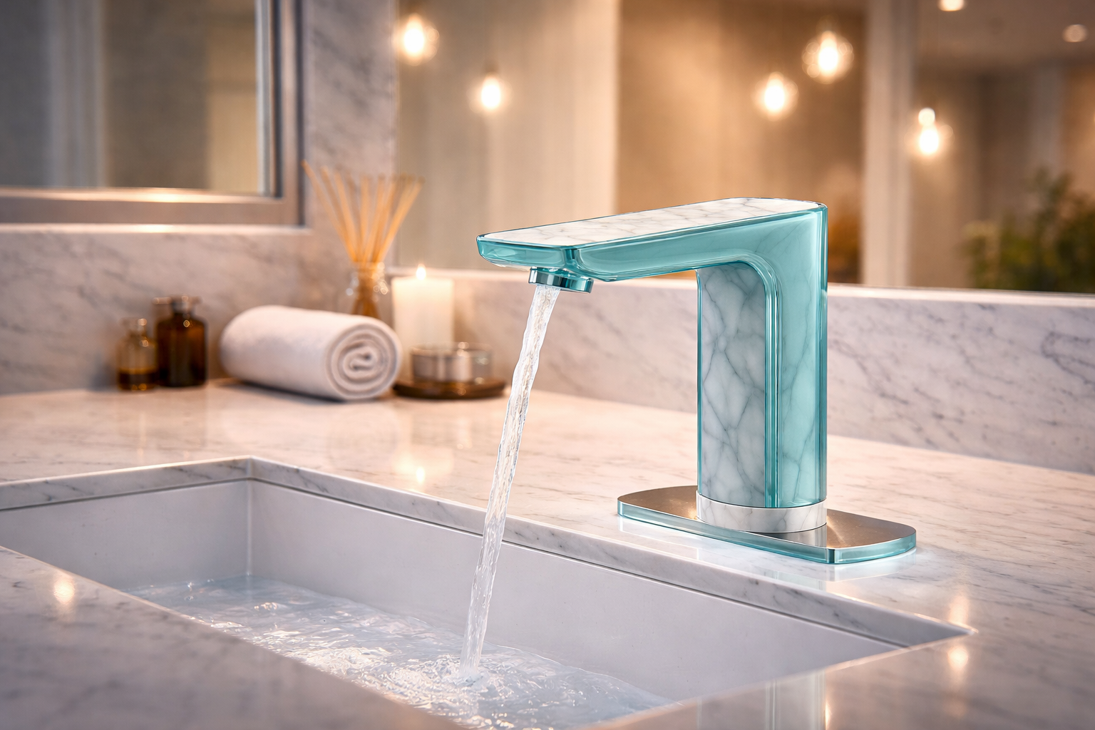 Public restroom sink area with coordinated commercial washroom fixtures