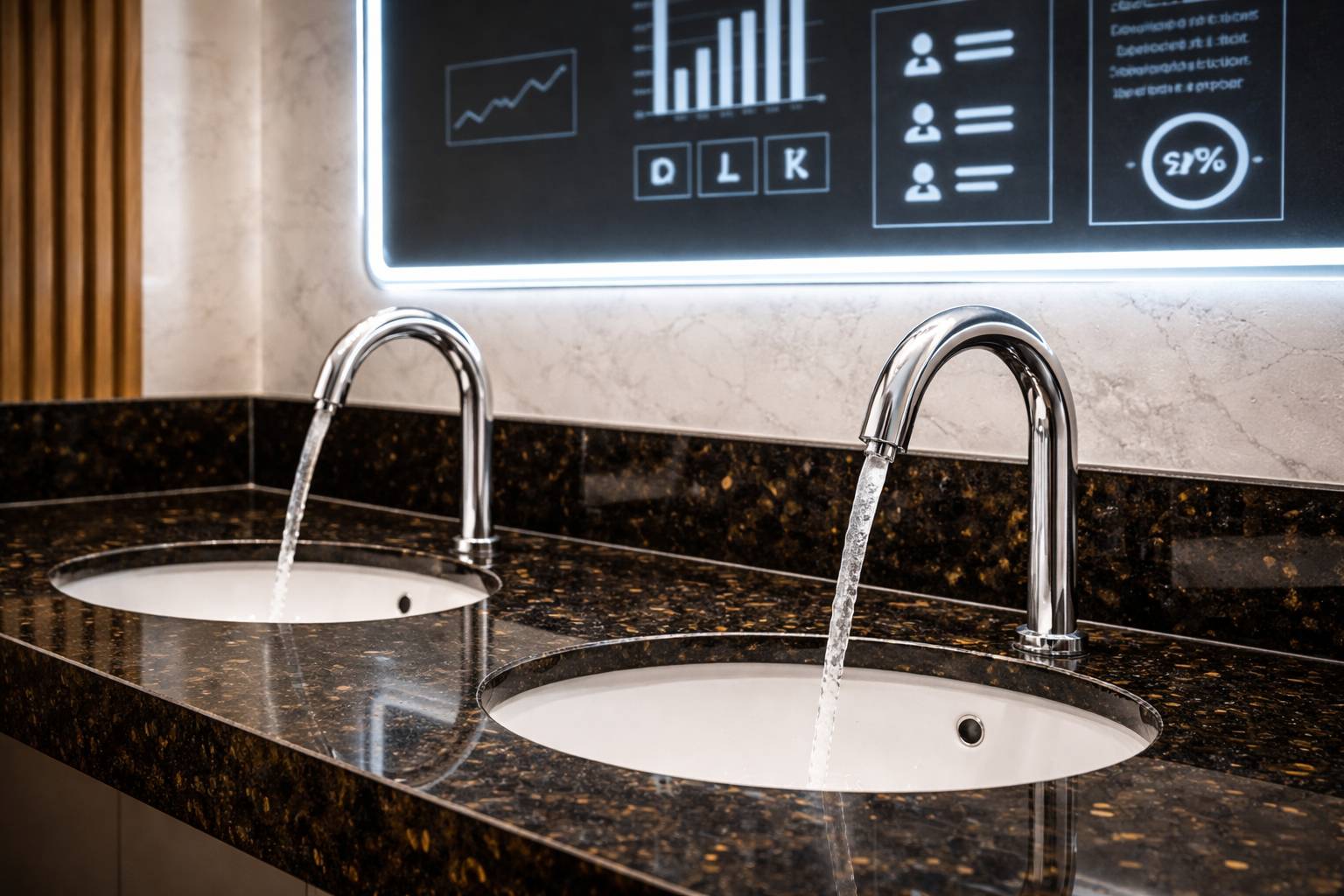 High traffic commercial washroom with automated touchless fixtures