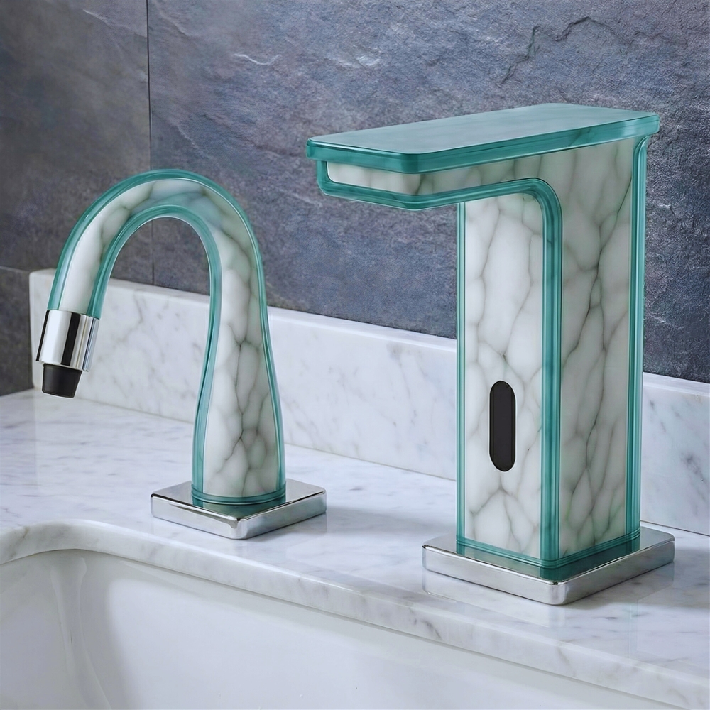 Luxury hotel restroom with touchless sink fixtures and modern blue-accented design