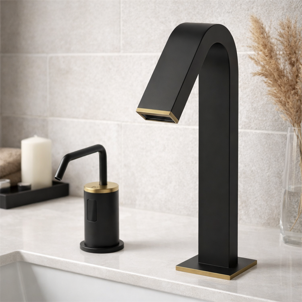 High-traffic public restroom sink area showing repeated daily use of touchless faucets