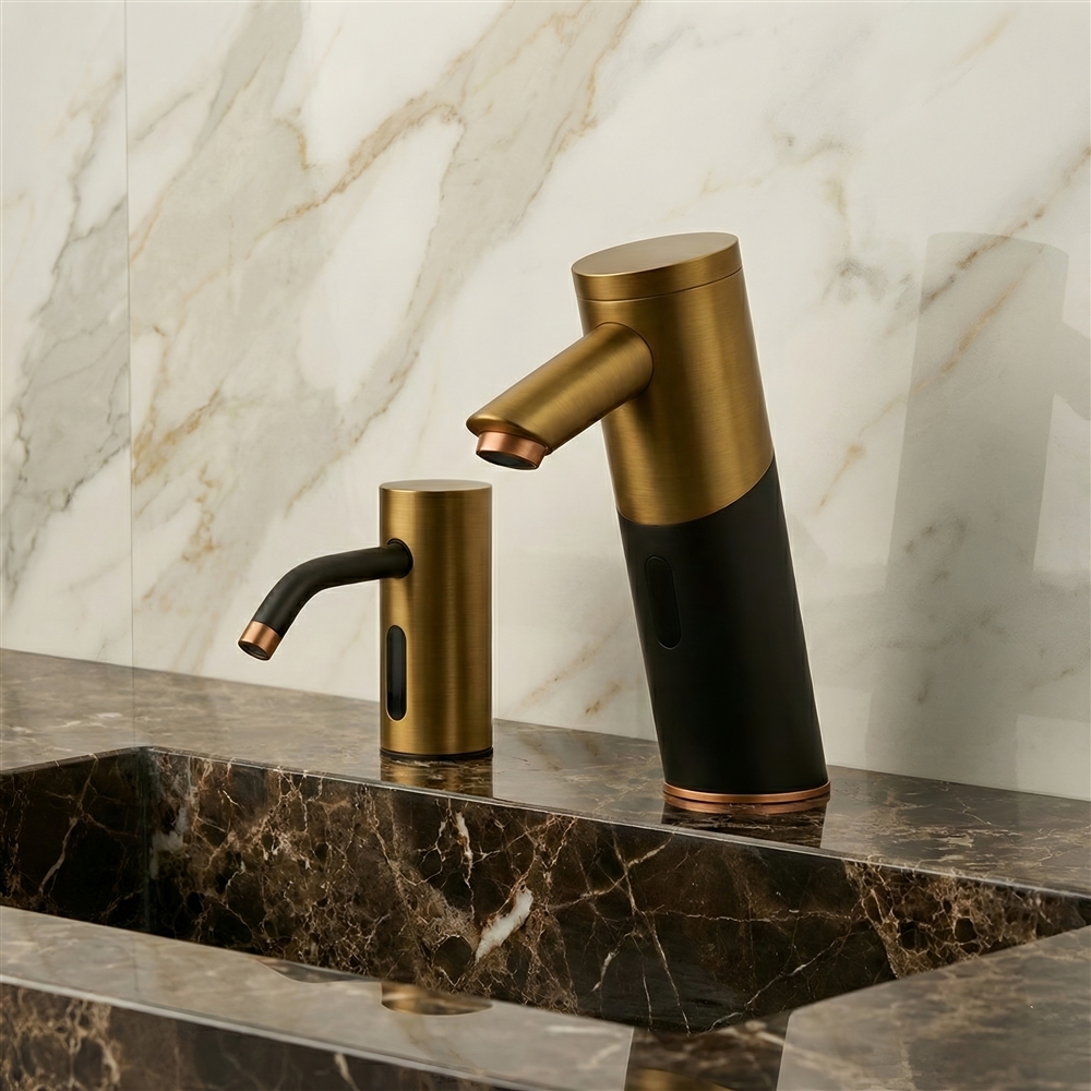 Touchless commercial faucet installed in a busy airport restroom with modern counters and strong lighting conditions