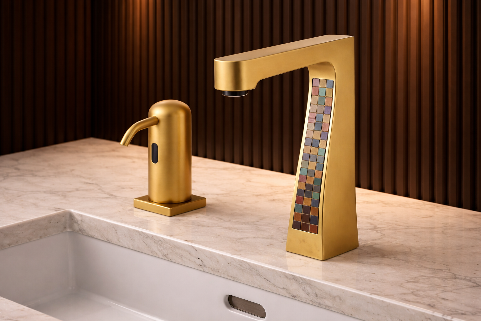 Modern restroom sink area featuring coordinated touchless soap dispenser and faucet