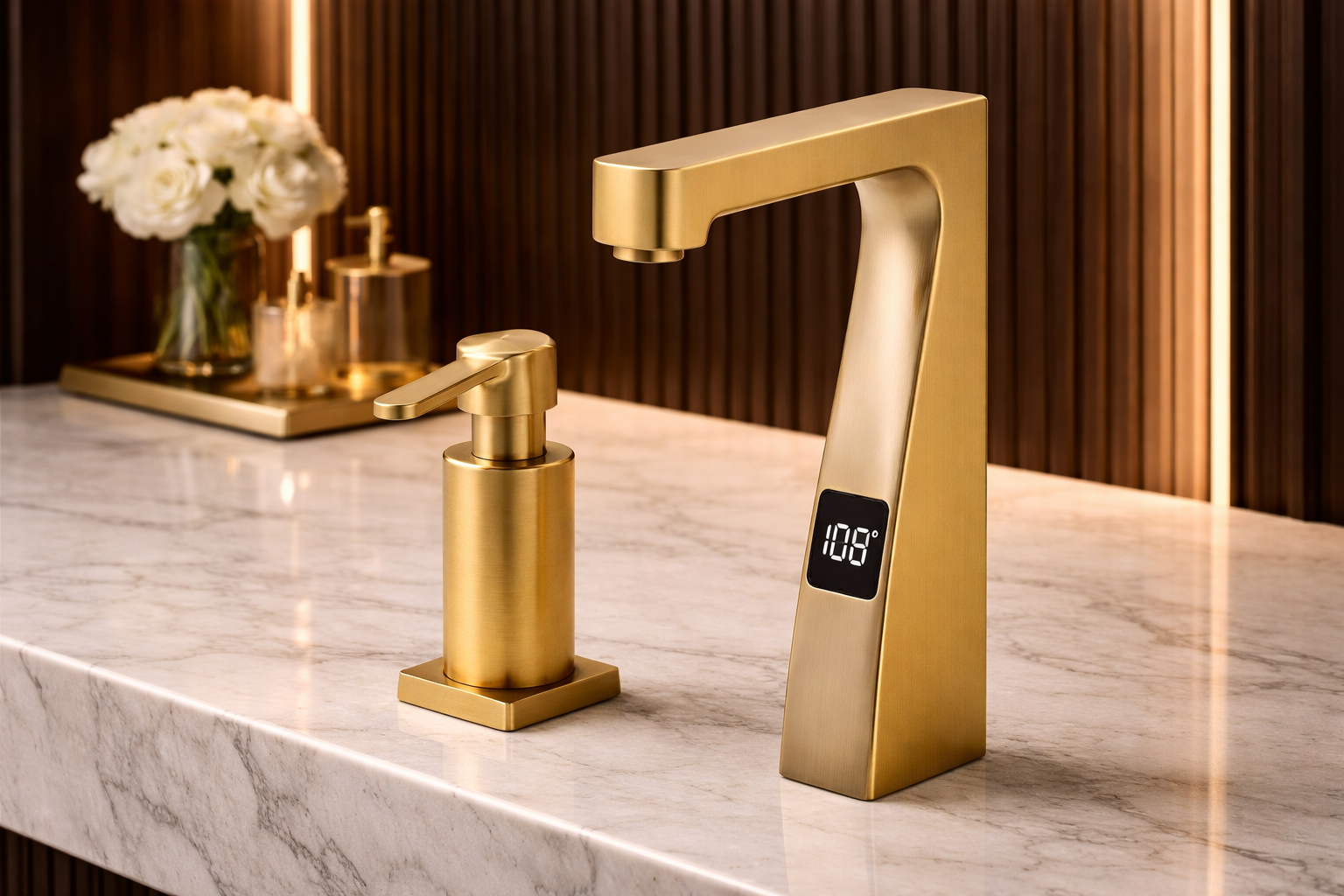 Touchless soap dispenser installed beside a modern sink in a commercial restroom