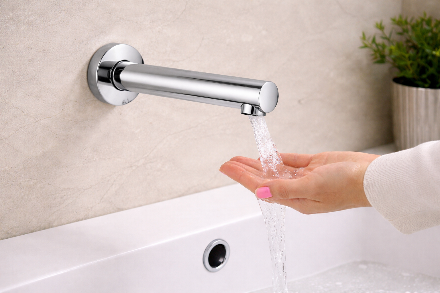 Sensor faucet in a public restroom sink area