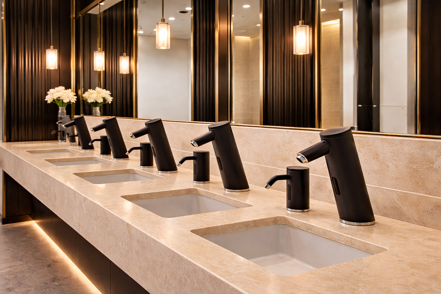 Automatic wall-mounted soap dispenser used in a high-traffic public washroom