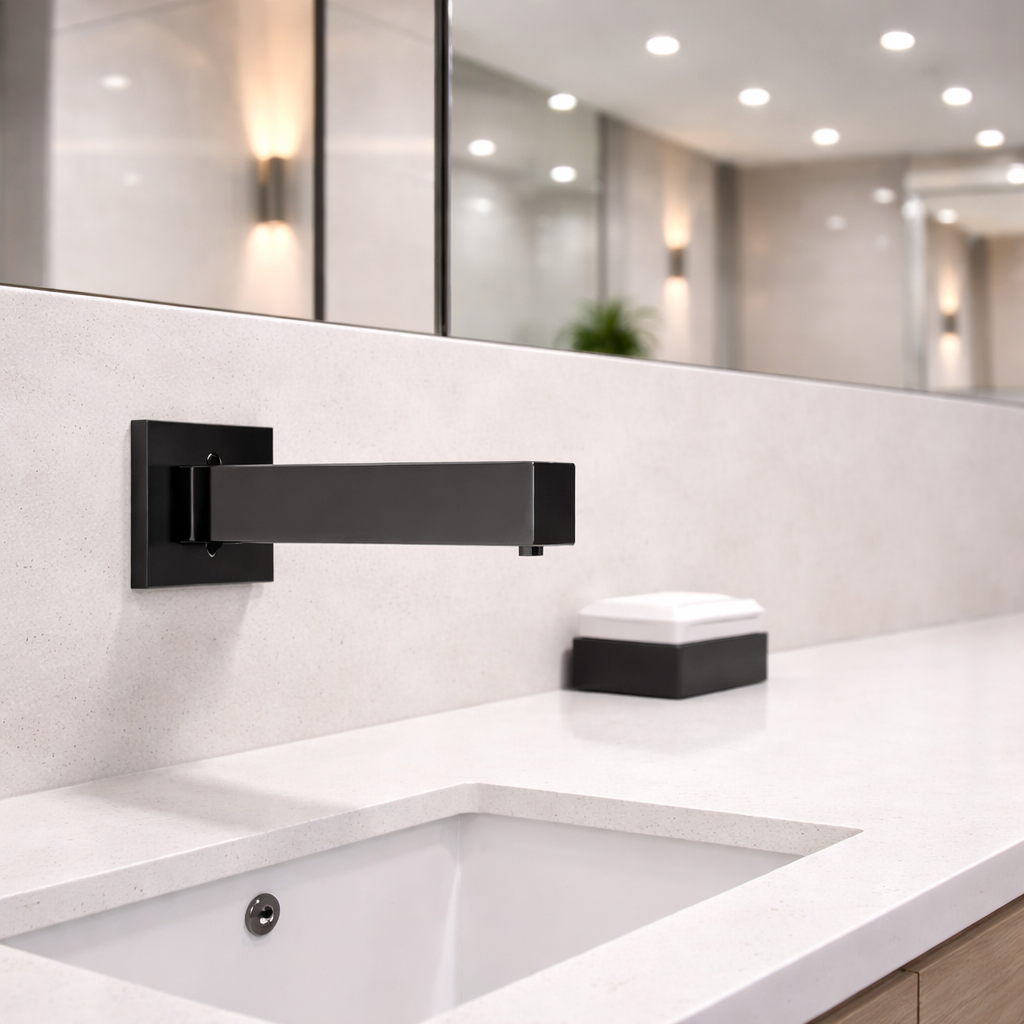 Commercial bathroom fixture installation and maintenance scene