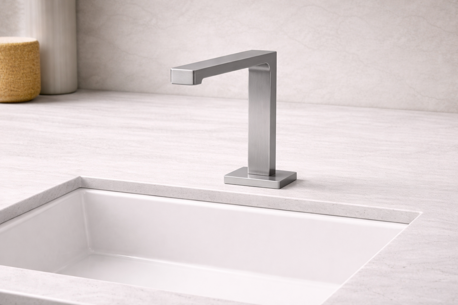 Close-up of a modern touchless commercial bathroom faucet