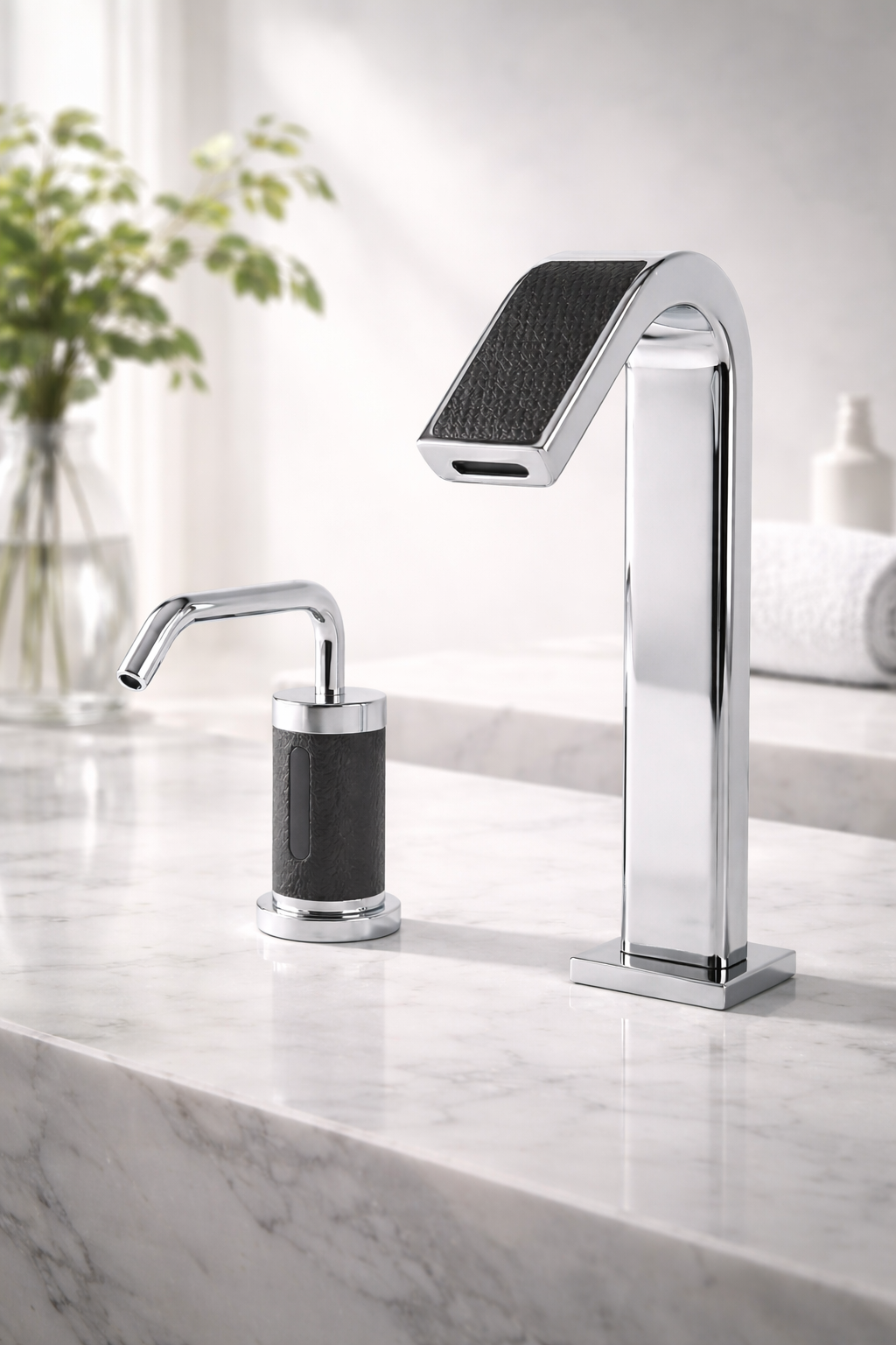 Modern touchless bathroom faucet installed on a clean sink countertop