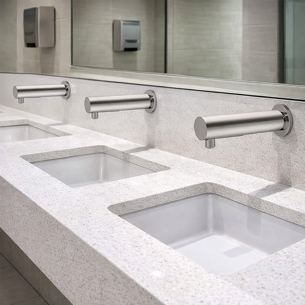 Modern commercial washroom with sleek sink and faucet fixtures