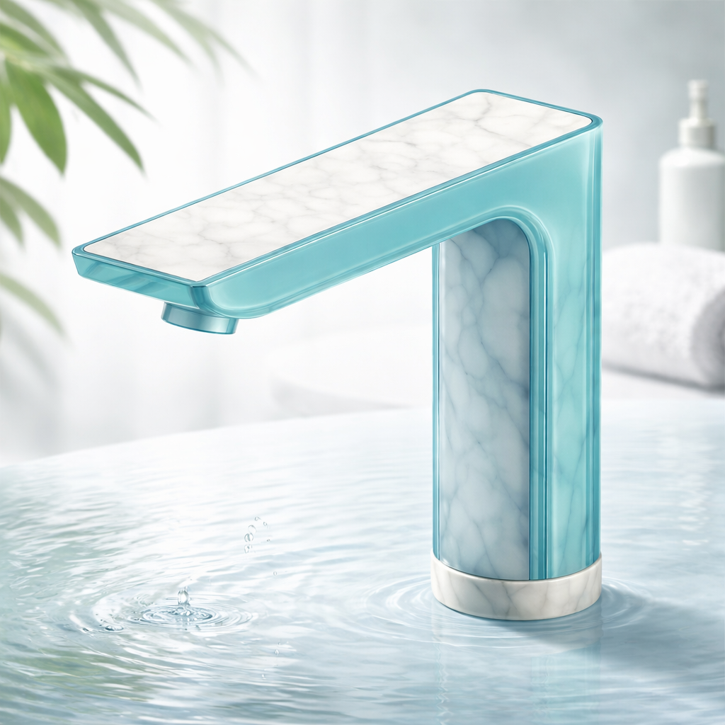 Smart sink faucet with modern digital controls in a commercial washroom