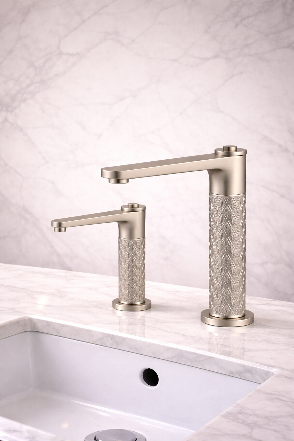 Modern bathroom with brushed nickel faucet, shower fixtures, and neutral contemporary styling