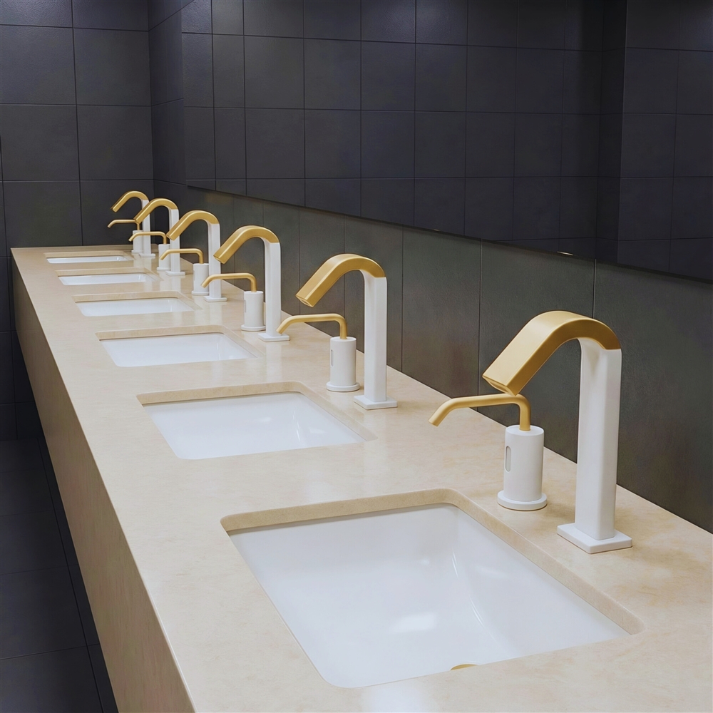 Touchless faucet in a hospital restroom designed for hygiene-focused operation and easy cleaning