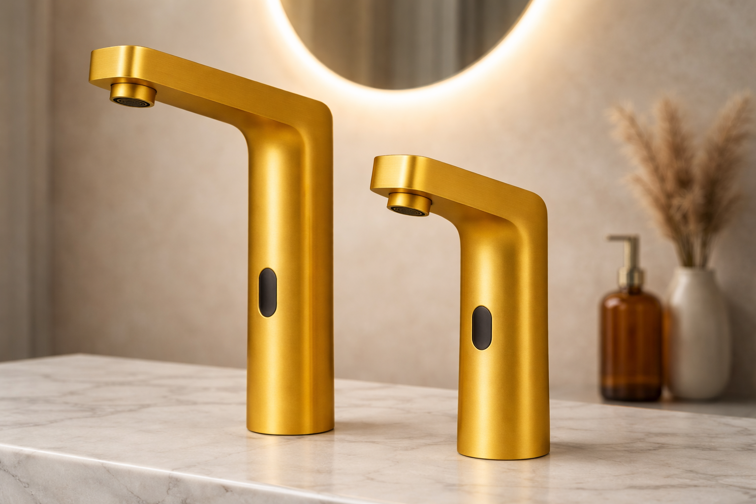 Clean commercial restroom interior with modern touchless sinks and mirrors