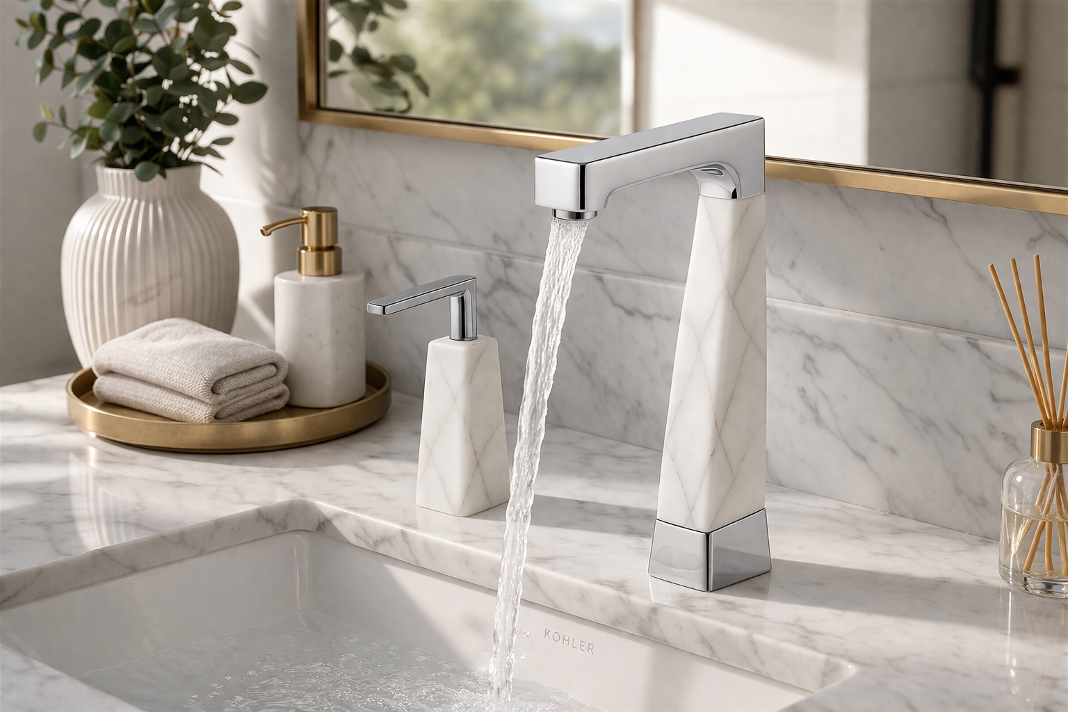 Convention hotel public restroom featuring multiple commercial touchless faucets