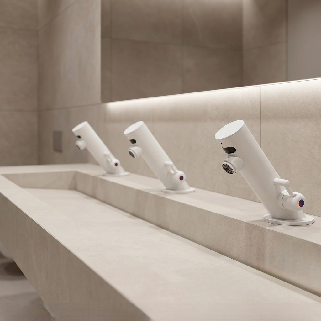White commercial touchless faucet