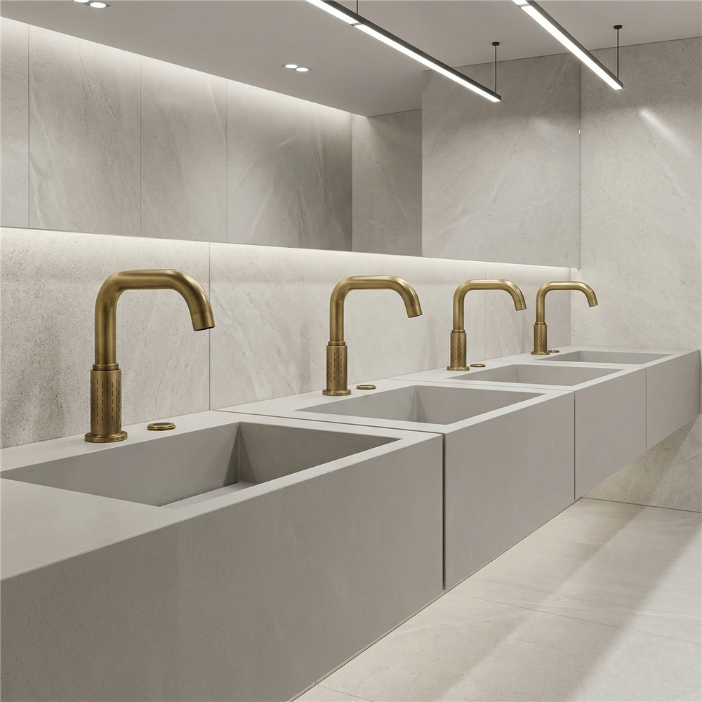 Commercial touchless faucet illustrating reliable sensor activation in a busy restroom sink area