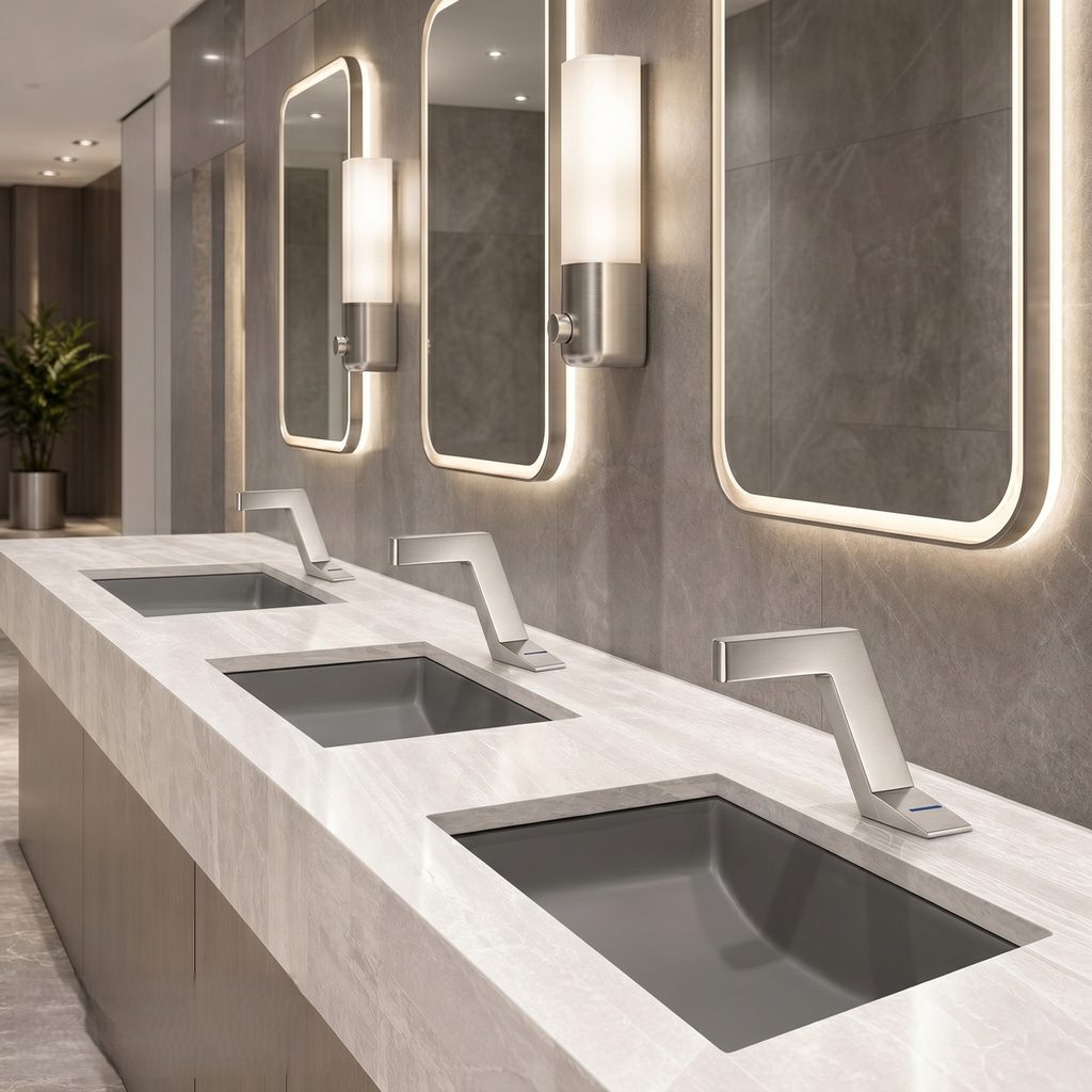Coordinated touchless faucet and automatic soap dispenser set in a commercial restroom